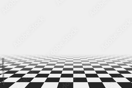 Retro perspective background stage with a black and white checkered floor, featuring vintage chess board style. Fading away vanishing checkerboard texture. Abstract vector illustration pattern surface