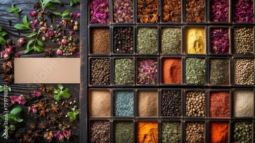 Fototapeta Naklejka Na Ścianę i Meble -  Assorted Herbs and Spices in Earth-Toned Array for Natural Apothecary Display.