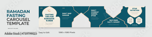 Social media carousel template, Ramadan theme square seamless square post, Ramadan fasting healthy tips, EPS vector illustration