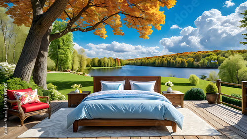 bed,pillow,blanket,landscape,scenery,house,tree,sky,cloud,Generative AI