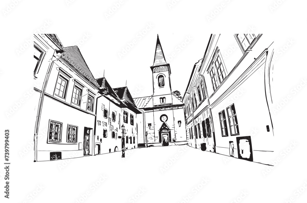 Print Building view with landmark of Kosice city. Hand drawn sketch illustration in vector.