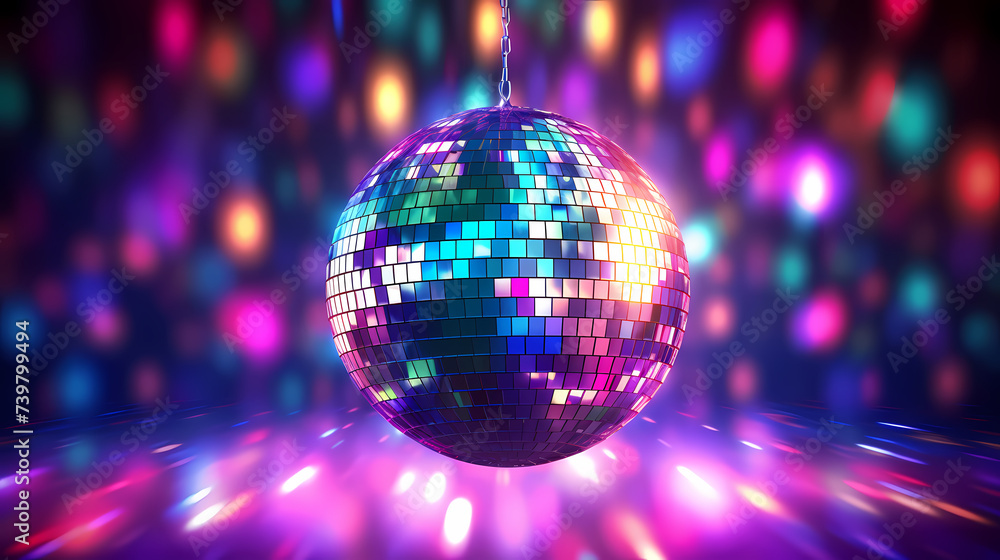 Obraz premium Disco ball sphere with colorful disco lights at party