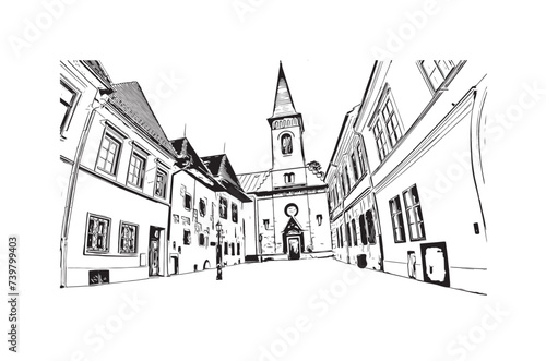 Print Building view with landmark of Kosice city. Hand drawn sketch illustration in vector. © The Aret AI