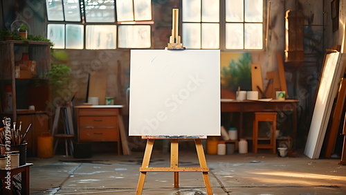 Blank painting canvas with painting art workshop background.