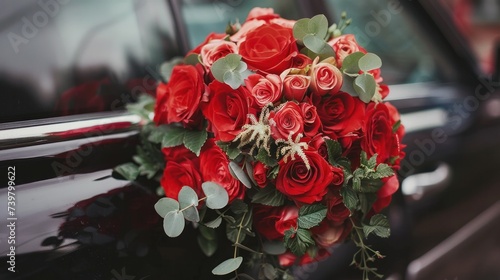red wedding bouquet elegantly placed on a car, adding a touch of romance and color to the wedding day.