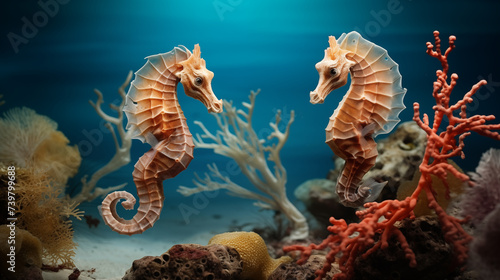 Seahorses at coral reef, Lovely scenery of two Seahorses