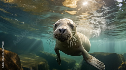 A Sea lions swim underwater in a tidal lagoon. Sea lions in shallow water. Marine wildlife