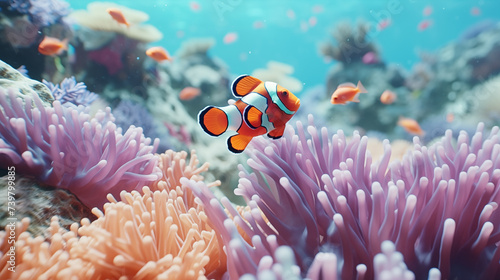 Beautiful coral reef with sea anemones and clown fish contaminated. Colorful clownfish hide in their host sea anemones on tropical reefs