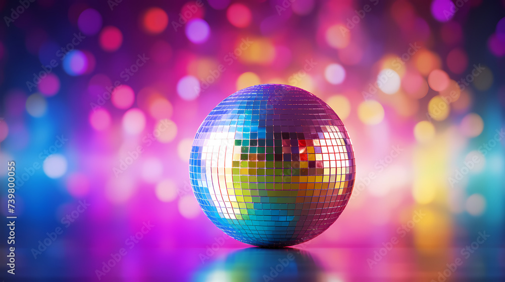 Disco ball sphere with colorful disco lights at party Disco ball sphere with colorful disco lights at party