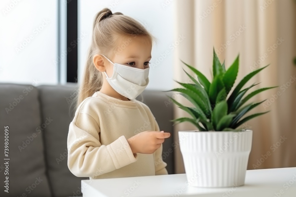 Toddler with face mask caring for indoor potted plant. Little Girl with Houseplant