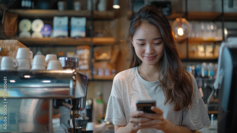 Young Asia woman using smartphone in cafe