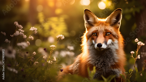 Sunlit Meadow's Poised Vixen: A Vivid Showcase of Wild Beauty amidst Vibrant Summer Foliage