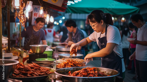  a bustling street food scene, a woman tends to her vibrant stall, where the irresistible scent of sizzling seafood wafts through the air
