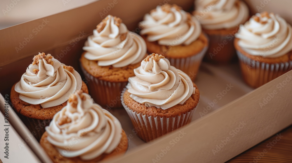 A box of gourmet cupcakes with white frosting and golden crumbles.