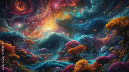 A colorful shimmering abstract fairy tale forest is in another dimension