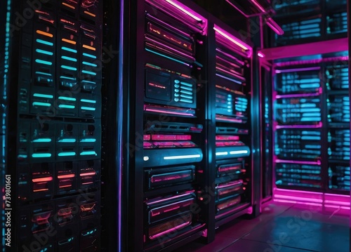 abstract futuristic neon Tech Computing Frontier  Modern Data Center server room  Brightly Lit Server Racks in an Illuminated Data Backup Center