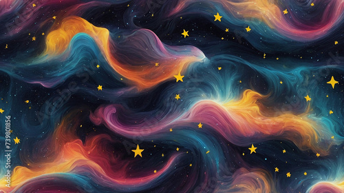 Galaxy waves collide with each other colorfully decorated with gold stars