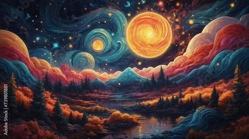 Abstract and colorful dimensional digital painting of the upper sky