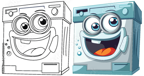 Two cheerful animated washing machines smiling.