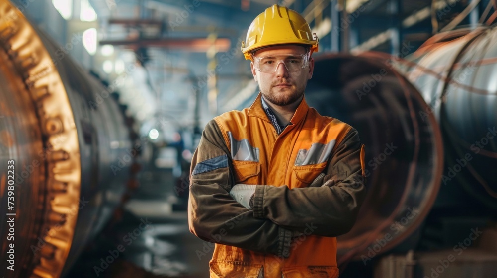 Steely gaze in hard hat, engineer commands industrial site Steely gaze in hard hat, engineer commands industrial site