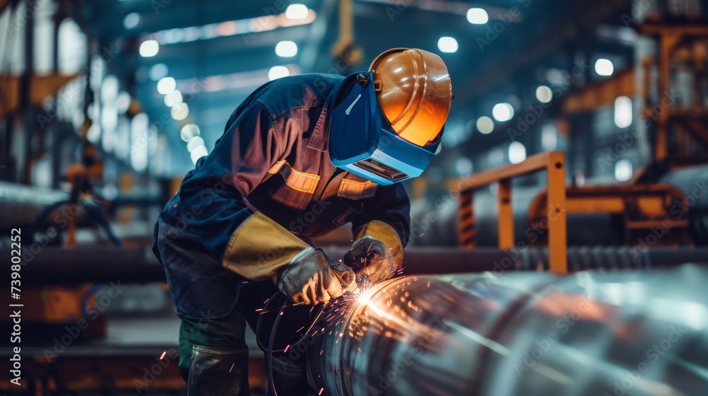 Workers wearing safety equipment are welding large pipes in a factory.