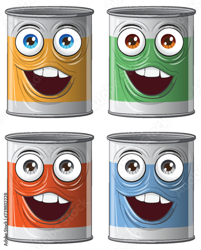 Four animated cans with cheerful expressions.