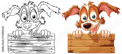 Cartoon illustration of a cheerful dog behind a fence.