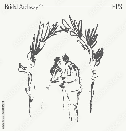 A loving couple's wedding day under the Bridal Archway. Hand drawn vector illustration, sketch.