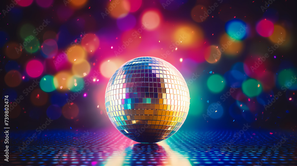 Obraz premium Disco ball sphere with colorful disco lights at party