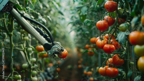Nimble robot arm extends, its gripper gently plucking ripe tomatoes from the vine a testament to precision and innovation in the fields. photo