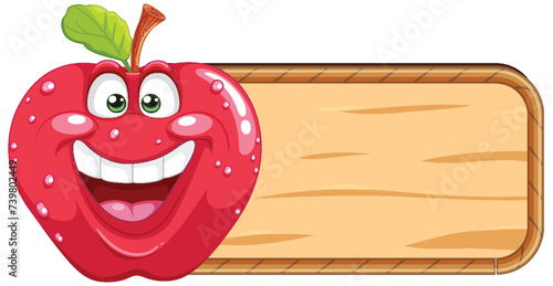 Cheerful red apple character beside wooden sign