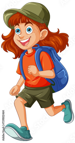 Cheerful girl hiking with backpack and cap