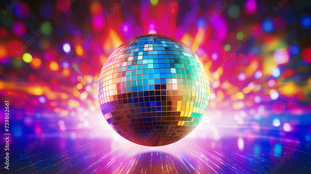 Obraz premium Disco ball sphere with colorful disco lights at party