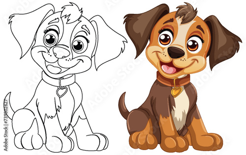 Two cartoon dogs smiling, one colored and one outlined.