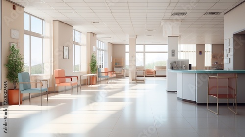 Empty hospital healthcare in a reception counter area. Used to help patients, medical waiting room area.