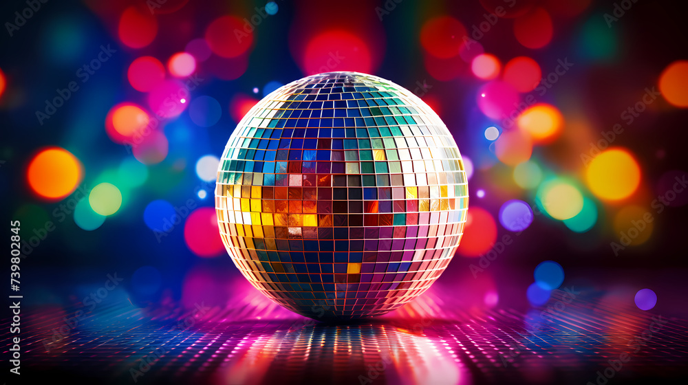 Obraz premium Disco ball sphere with colorful disco lights at party