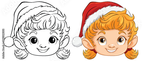 Colorful and line art of a smiling Christmas elf