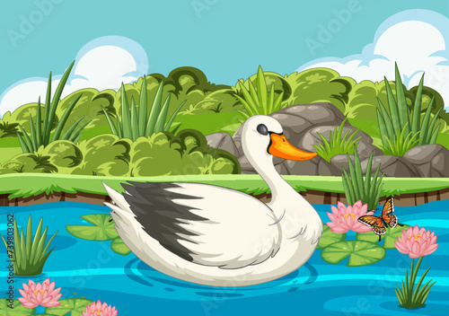 A graceful swan floats among water lilies and butterflies.