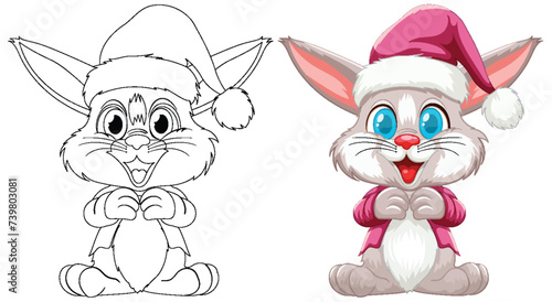 Illustration of a bunny in Santa hat, colored and sketched.