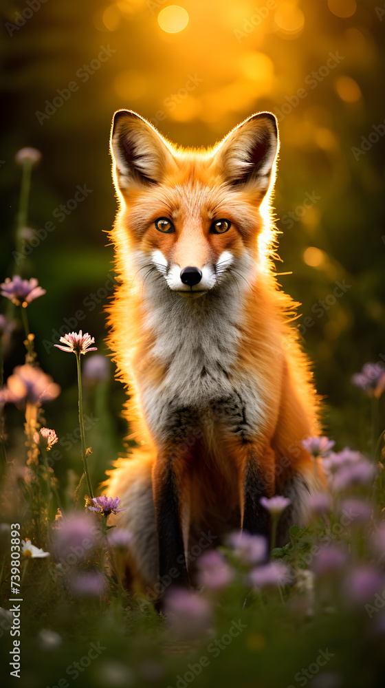 Sunlit Meadow's Poised Vixen: A Vivid Showcase of Wild Beauty amidst Vibrant Summer Foliage