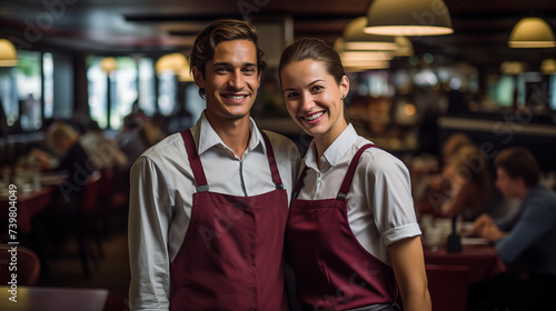 In a bustling bistro atmosphere, a waiter and waitress pause for a portrait, their smiles genuine and inviting. Amidst the lively chatter of diners and clinking of glasses photo