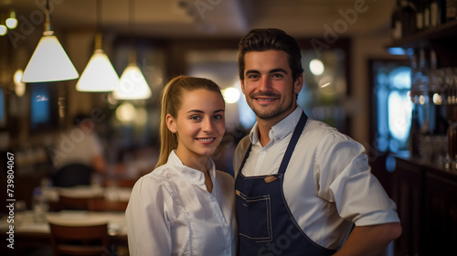  In a bustling bistro atmosphere, a waiter and waitress pause for a portrait, their smiles genuine and inviting © Jhati