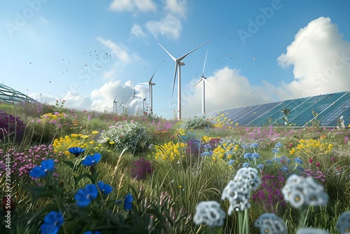 Clean energy farm with harmonious integration of wind turbines and solar panels amidst a blooming wildflower meadow. photo