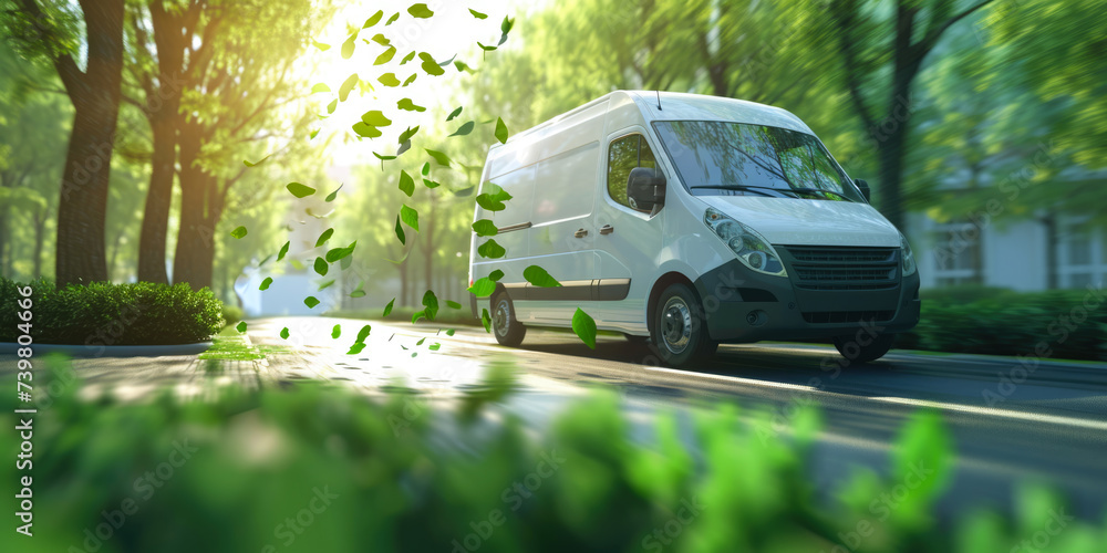 green sustainable eco friendly delivery truck van, carbon neutral shipping, sustainable co2 neutral zero emission logistics, ecological transportation - obrazy, fototapety, plakaty 