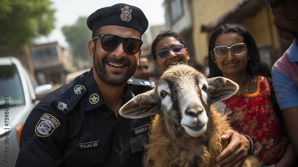 Sheep in Police uniform, cute and cool Eid ul Adha backgrounds - obrazy, fototapety, plakaty 