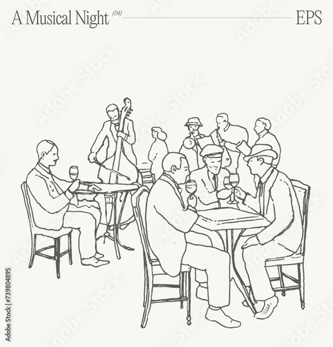 People sitting at tables in a restaurant. Music night, party. Hand drawn vector illustration.