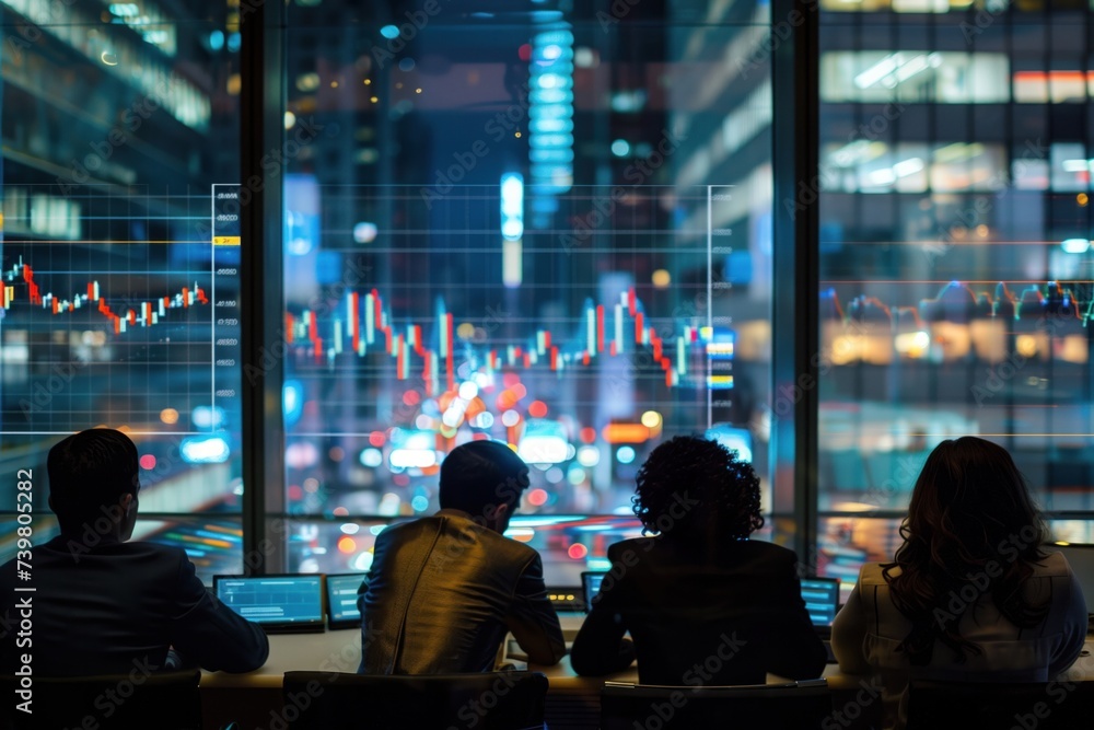 Three professionals, work late in an office with a panoramic view of the city lights, deeply engaged in analyzing live stock market data on computer screens
