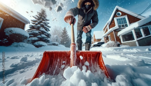 Person shoveling snow in winter with a red shovel photo