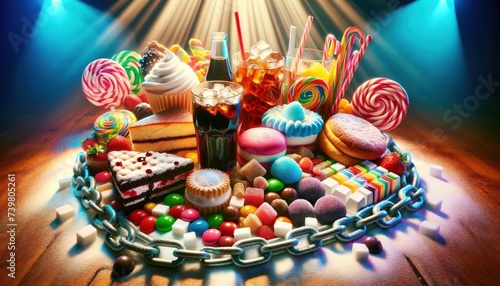 Sugary treats surrounded by chains, symbolizing the trap of sugar addiction