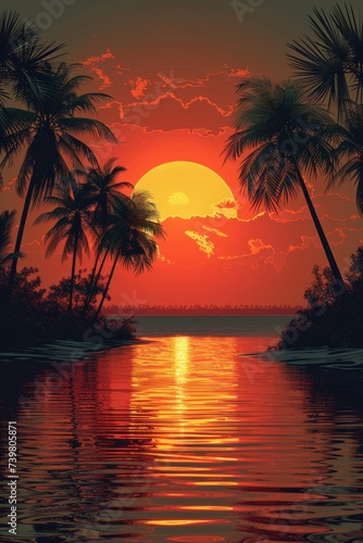 Travel, tourism, vacation concept background. Mexico. Paradise scene of Caribbean island with gorgeous coconut palm silhouettes over orange sun. © Zaleman